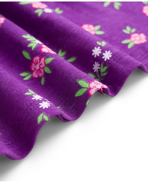 Babyhug Cotton Knit Half Sleeves Floral Printed Frock With Sling Bag & Headbands - Purple