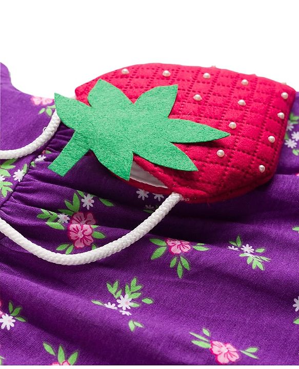 Babyhug Cotton Knit Half Sleeves Floral Printed Frock With Sling Bag & Headbands - Purple