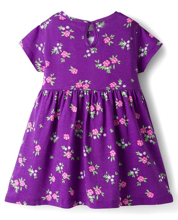 Babyhug Cotton Knit Half Sleeves Floral Printed Frock With Sling Bag & Headbands - Purple