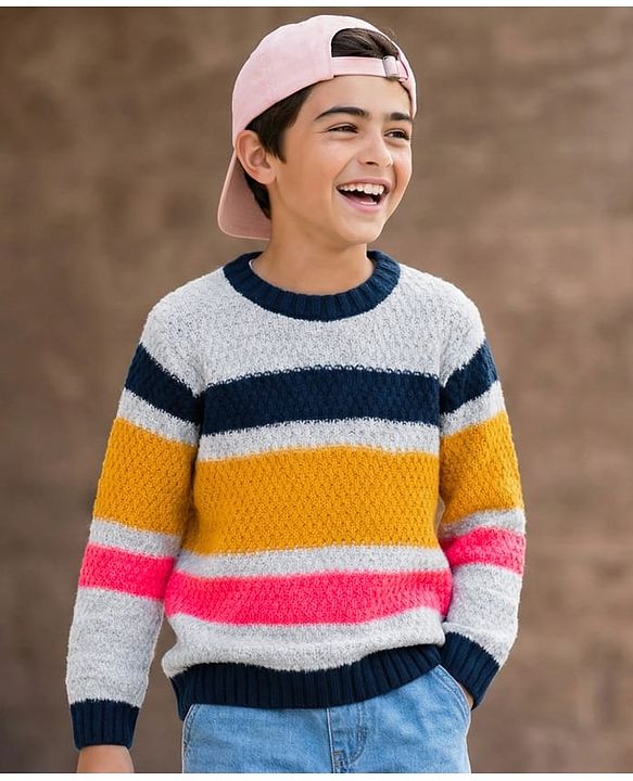Pine Kids Knit Full Sleeves  Pullover Sweater with Stripes Design - White