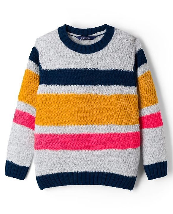 Pine Kids Knit Full Sleeves  Pullover Sweater with Stripes Design - White