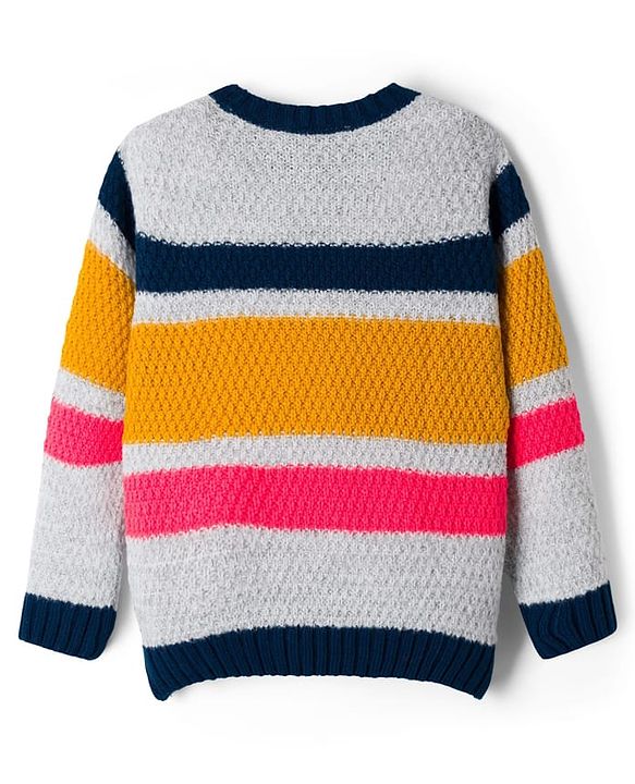 Pine Kids Knit Full Sleeves  Pullover Sweater with Stripes Design - White
