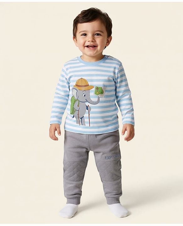 Babyhug Terry Knit Full Sleeves T-Shirt & Lounge Pant Set With Animal Print - Light Blue & Grey