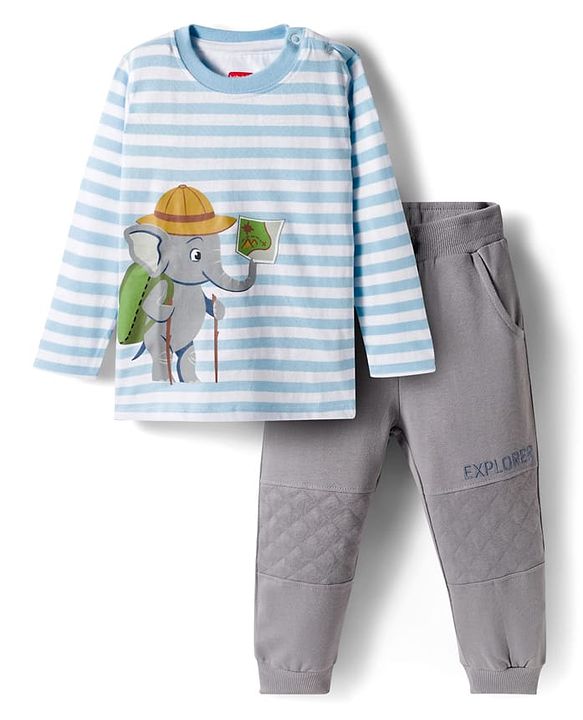 Babyhug Terry Knit Full Sleeves T-Shirt & Lounge Pant Set With Animal Print - Light Blue & Grey