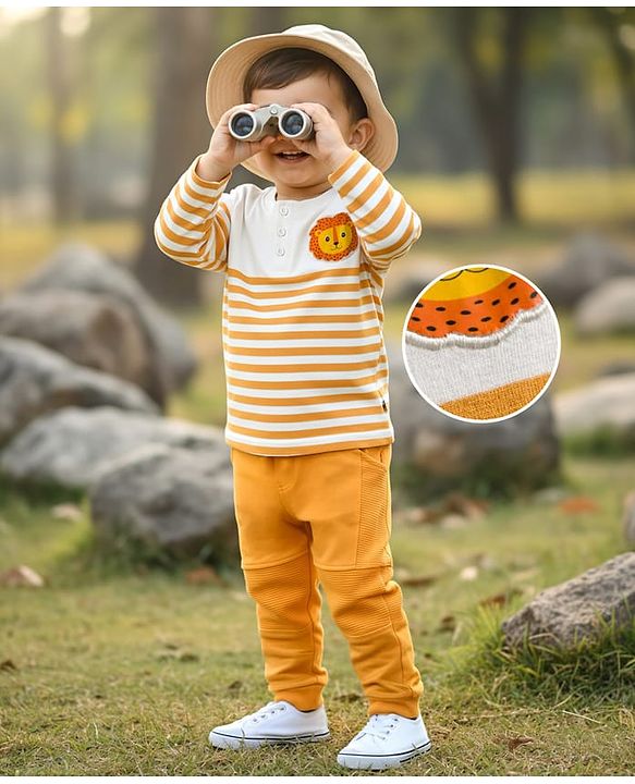 Babyhug Terry Knit Full Sleeves T-Shirt & Lounge Pant Set With Stripes & Animal Embroidery - Yellow
