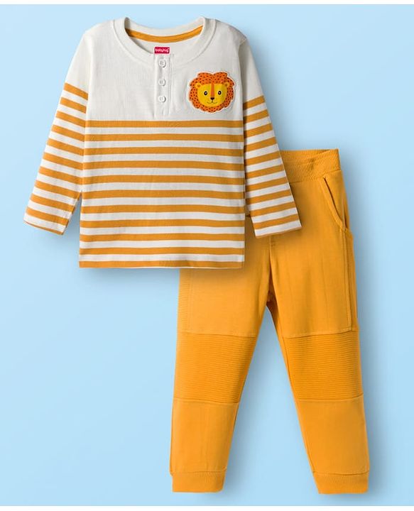 Babyhug Terry Knit Full Sleeves T-Shirt & Lounge Pant Set With Stripes & Animal Embroidery - Yellow