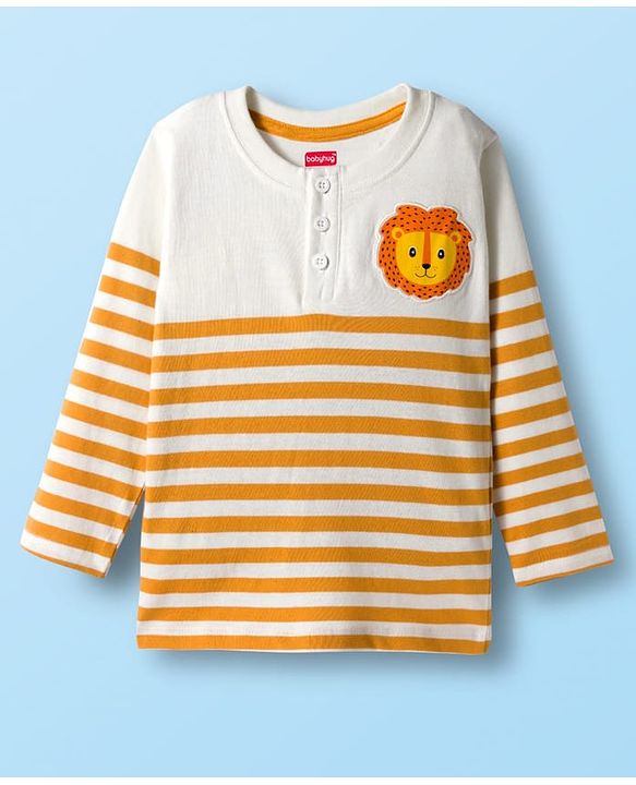 Babyhug Terry Knit Full Sleeves T-Shirt & Lounge Pant Set With Stripes & Animal Embroidery - Yellow