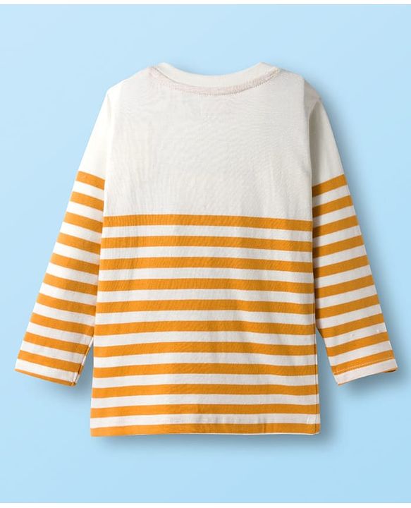 Babyhug Terry Knit Full Sleeves T-Shirt & Lounge Pant Set With Stripes & Animal Embroidery - Yellow