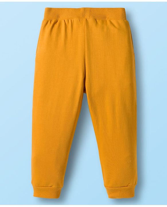 Babyhug Terry Knit Full Sleeves T-Shirt & Lounge Pant Set With Stripes & Animal Embroidery - Yellow