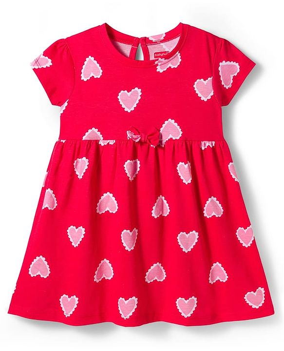 Babyhug Cotton Knit Half Sleeves Frock With Heart Print & Bow Applique - Red