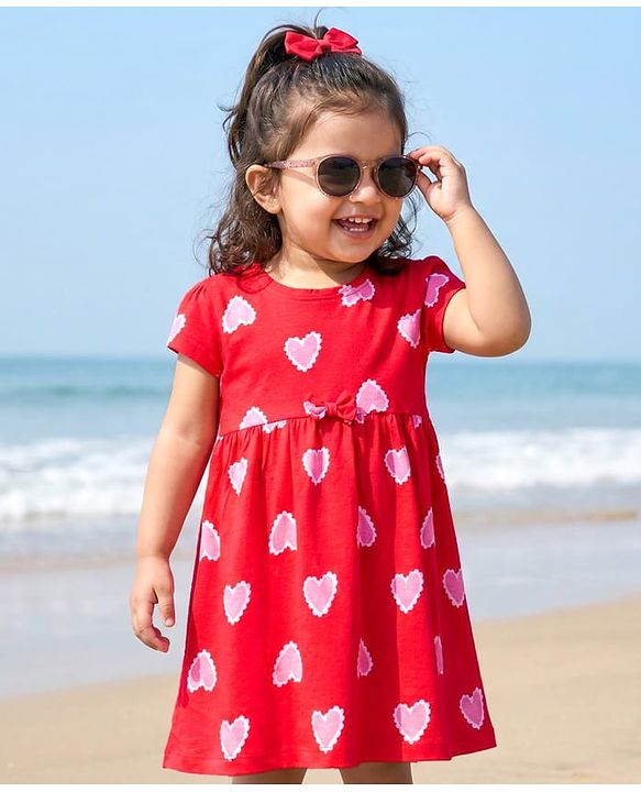 Babyhug Cotton Knit Half Sleeves Frock With Heart Print & Bow Applique - Red
