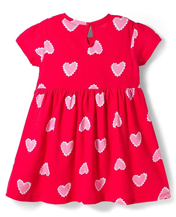 Babyhug Cotton Knit Half Sleeves Frock With Heart Print & Bow Applique - Red