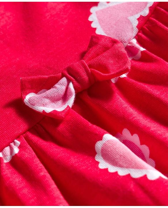 Babyhug Cotton Knit Half Sleeves Frock With Heart Print & Bow Applique - Red