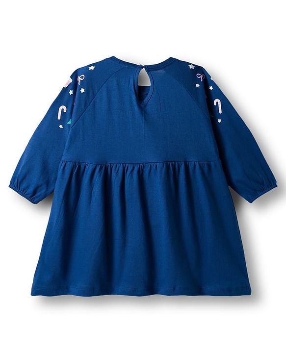 Babyhug Cotton Knit Full Sleeves Frock With Floral Print - Navy Blue