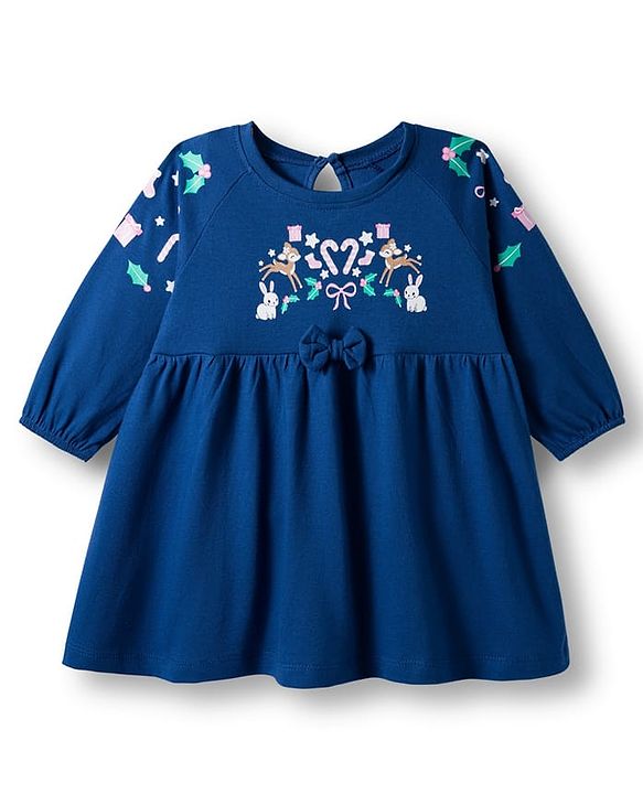 Babyhug Cotton Knit Full Sleeves Frock With Floral Print - Navy Blue