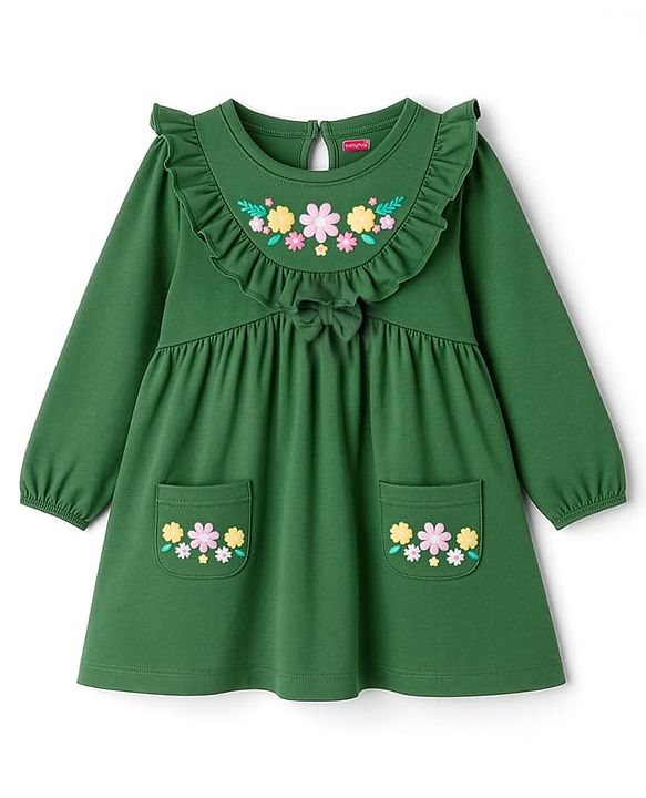 Babyhug Cotton Knit Full Sleeves Frock With Bow & Floral Applique - Green