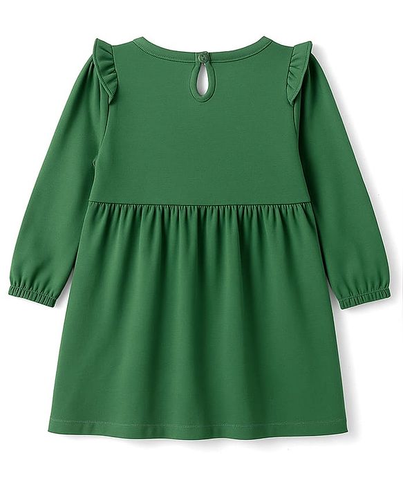 Babyhug Cotton Knit Full Sleeves Frock With Bow & Floral Applique - Green