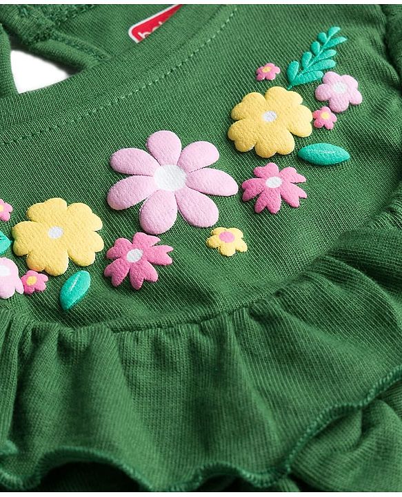Babyhug Cotton Knit Full Sleeves Frock With Bow & Floral Applique - Green