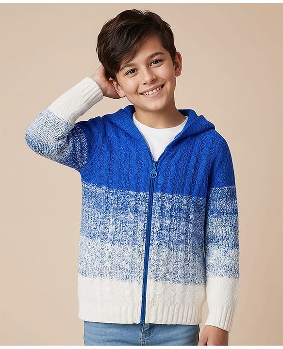 Pine Kids Knit Full Sleeves  Front Open Hooded Sweater with Ombre Effect - Blue