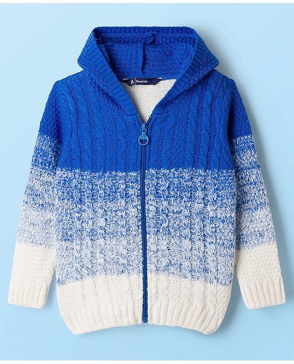 Pine Kids Knit Full Sleeves  Front Open Hooded Sweater with Ombre Effect - Blue