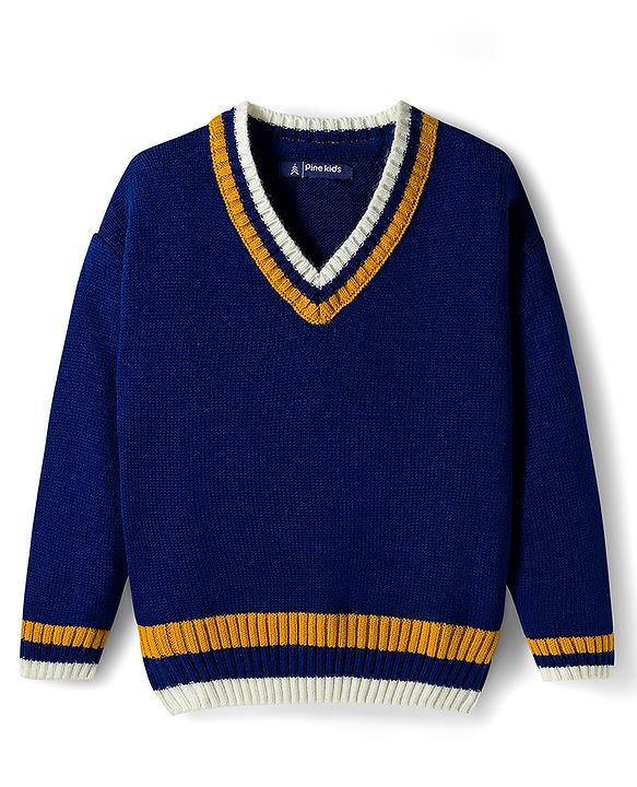 Pine Kids Knit Full Sleeves Solid Color Pullover Sweater - Navy Blue