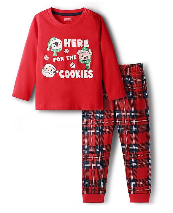 Babyhug Cotton Knit Full Sleeves Night Suit Set with Checks & Here For The Cookies  Print - Red