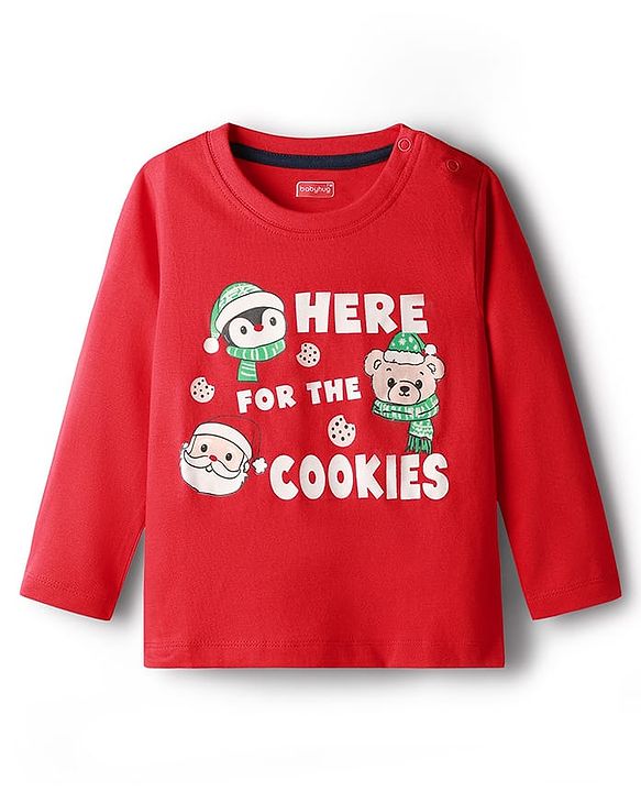 Babyhug Cotton Knit Full Sleeves Night Suit Set with Checks & Here For The Cookies  Print - Red