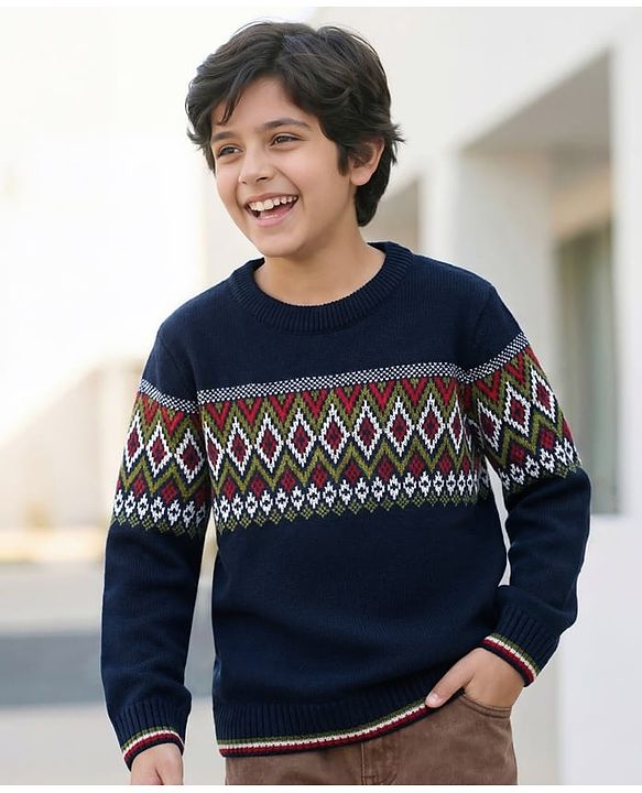 Pine Kids Knit Full Sleeves  Pullover Sweater with Zig Zag Design - Navy Blue