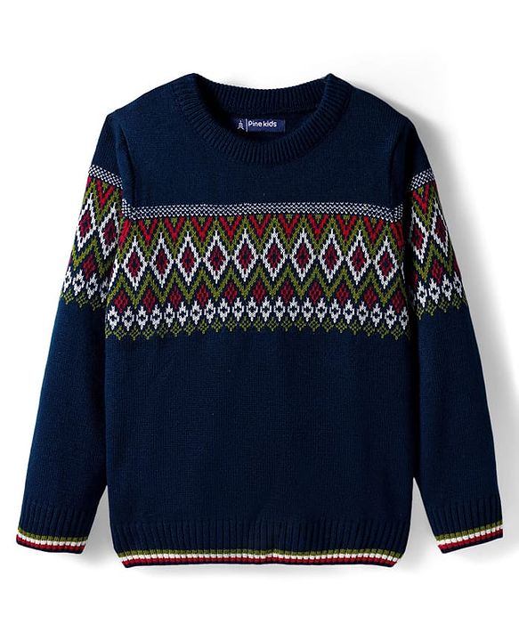 Pine Kids Knit Full Sleeves  Pullover Sweater with Zig Zag Design - Navy Blue