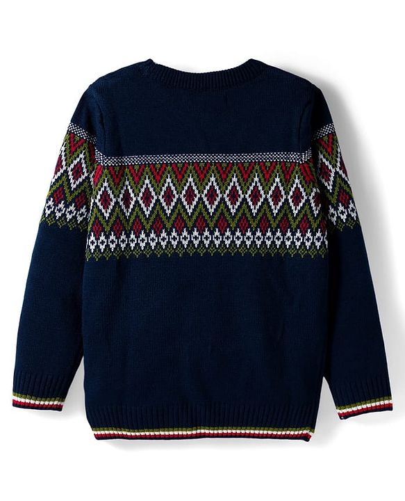 Pine Kids Knit Full Sleeves  Pullover Sweater with Zig Zag Design - Navy Blue