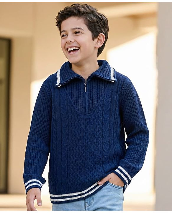 Pine Kids Knit Full Sleeves Pullover Sweater with Cable Knit Design - Navy Blue