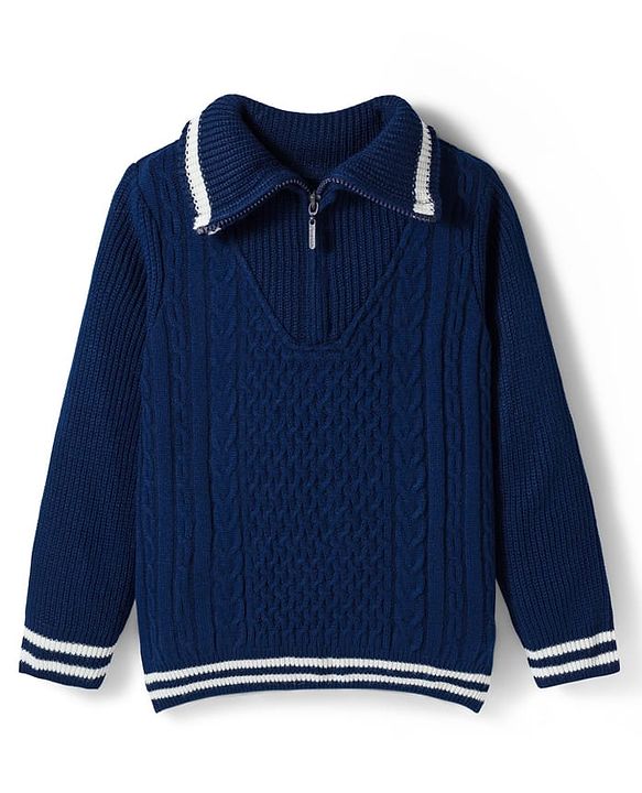 Pine Kids Knit Full Sleeves Pullover Sweater with Cable Knit Design - Navy Blue
