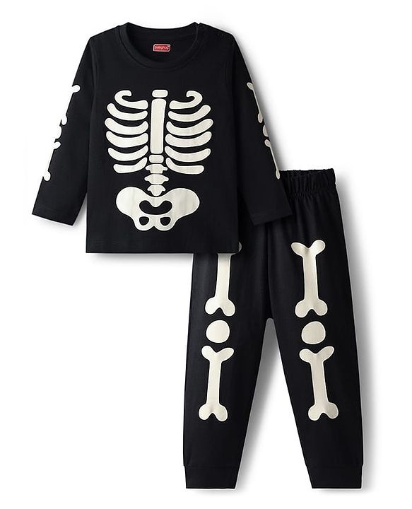 Babyhug Cotton Knit Full Sleeves Night Suit Set with Skeleton Print - Black