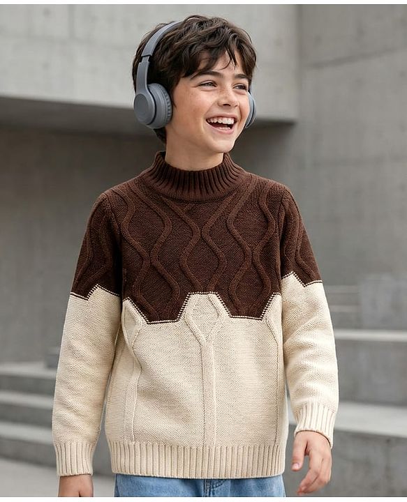 Pine Kids Knit Full Sleeves Pullover Sweater with Color Block & Cable Knit Design - Brown