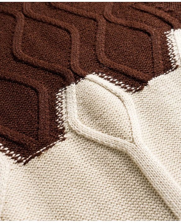 Pine Kids Knit Full Sleeves Pullover Sweater with Color Block & Cable Knit Design - Brown