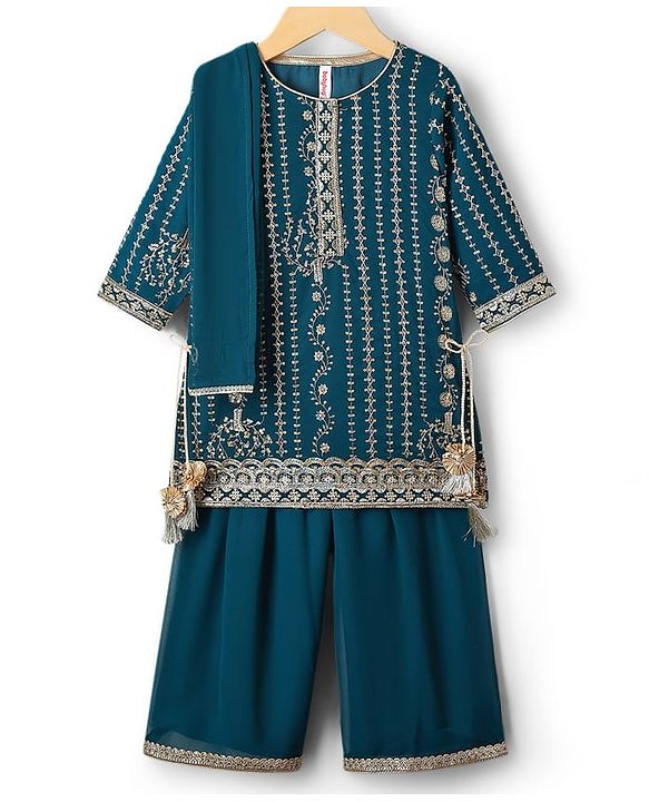 Babyhug Woven Three Fourth Sleeves Embroidered Kurti Palazzo Set with Dupatta & Sequin Detailing - Teal Blue