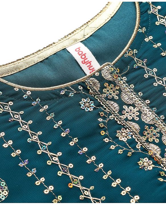Babyhug Woven Three Fourth Sleeves Embroidered Kurti Palazzo Set with Dupatta & Sequin Detailing - Teal Blue