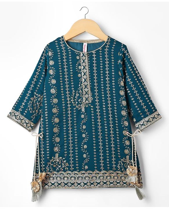 Babyhug Woven Three Fourth Sleeves Embroidered Kurti Palazzo Set with Dupatta & Sequin Detailing - Teal Blue