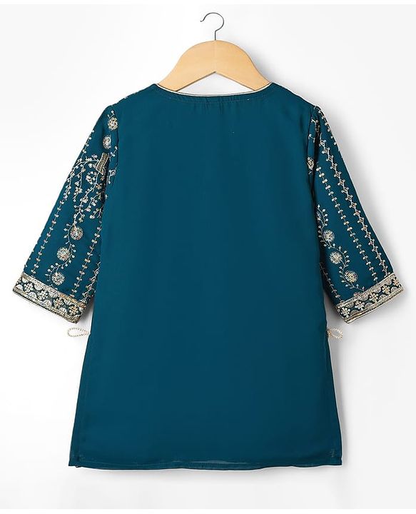 Babyhug Woven Three Fourth Sleeves Embroidered Kurti Palazzo Set with Dupatta & Sequin Detailing - Teal Blue