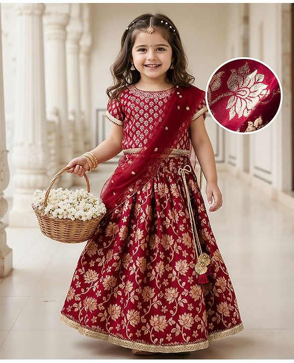 Babyhug Brocade Woven Half Sleeves Choli Lehenga with Dupatta & Floral Foil Print - Maroon