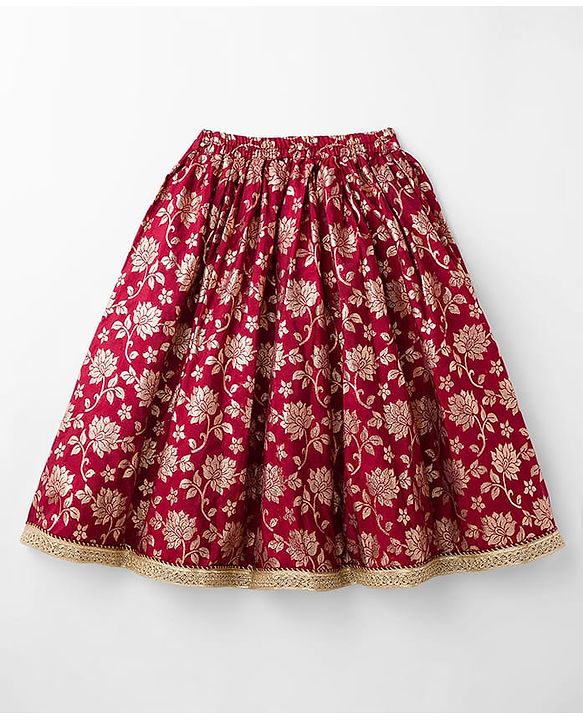 Babyhug Brocade Woven Half Sleeves Choli Lehenga with Dupatta & Floral Foil Print - Maroon