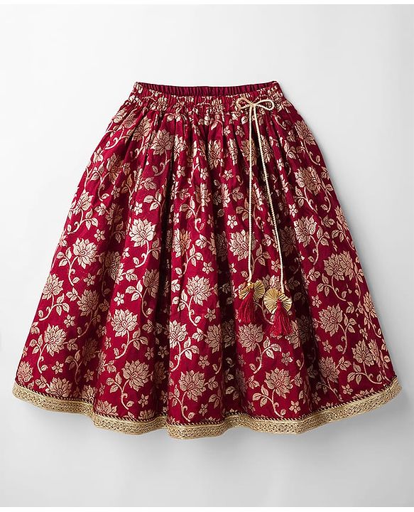 Babyhug Brocade Woven Half Sleeves Choli Lehenga with Dupatta & Floral Foil Print - Maroon