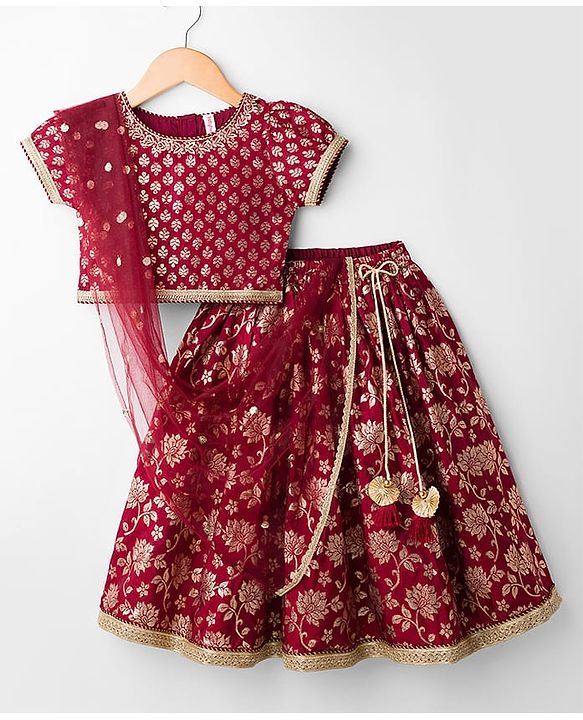 Babyhug Brocade Woven Half Sleeves Choli Lehenga with Dupatta & Floral Foil Print - Maroon