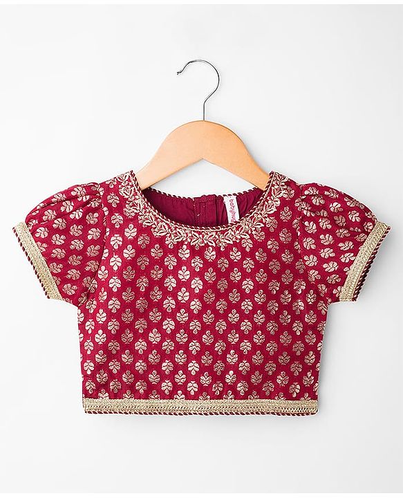 Babyhug Brocade Woven Half Sleeves Choli Lehenga with Dupatta & Floral Foil Print - Maroon