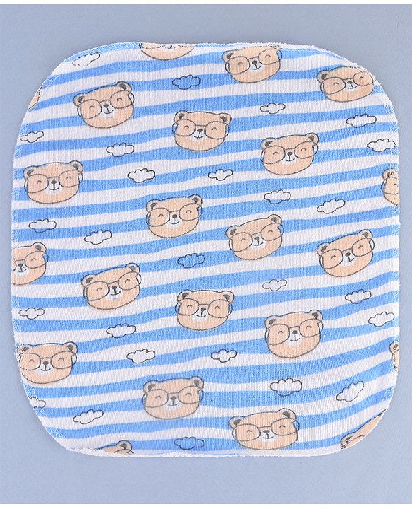 Babyhug Cotton Knit Wash Cloth with Bear Print Pack of 6 - Blue