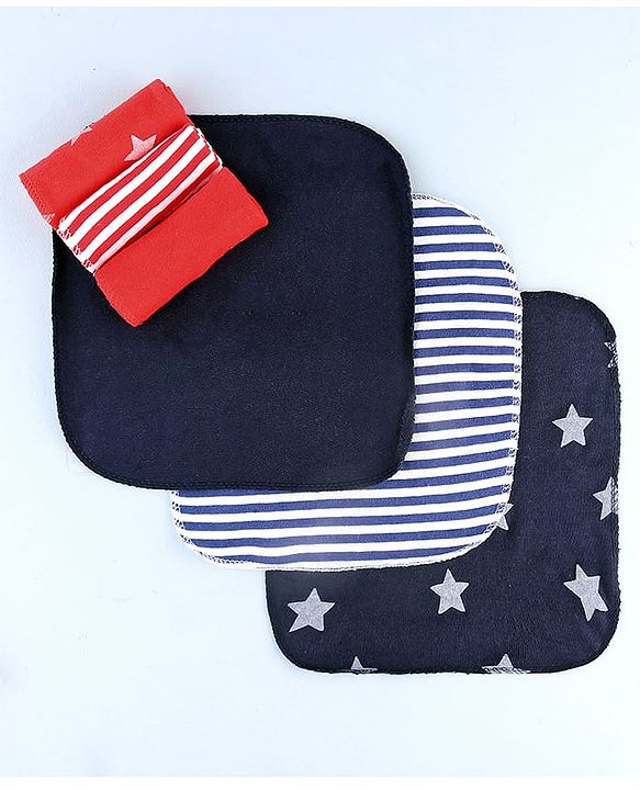 Babyhug Cotton Knit Wash Cloth with Stripes & Stars Print Pack of 6 - Navy Blue & Red