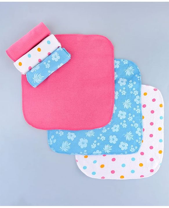 Babyhug Cotton Knit Wash Cloth with Polka Dots & Floral Print Pack of 6 - Pink White & Light Blue