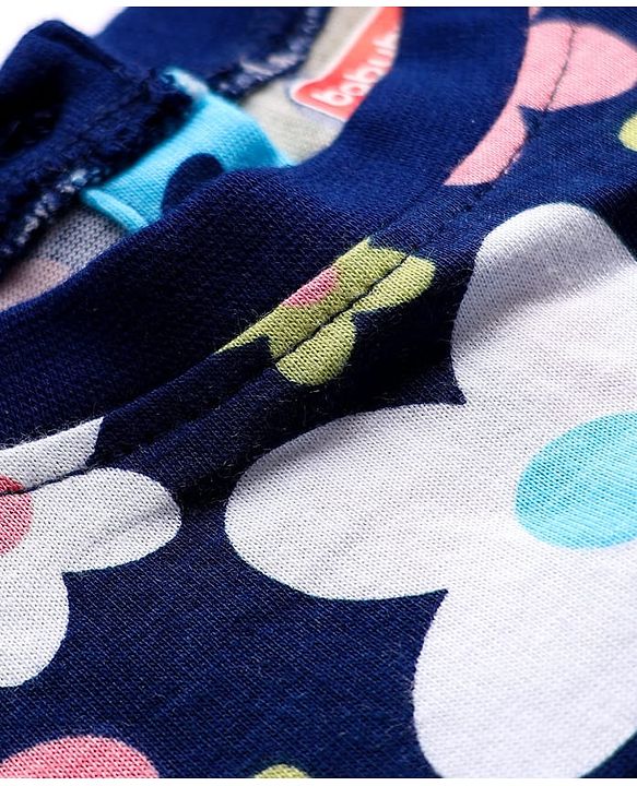 Babyhug Cotton Knit Full Sleeves Floral Printed Frock - Navy Blue