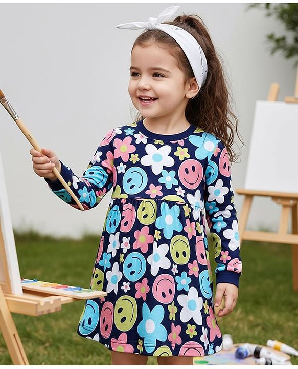 Babyhug Cotton Knit Full Sleeves Floral Printed Frock - Navy Blue