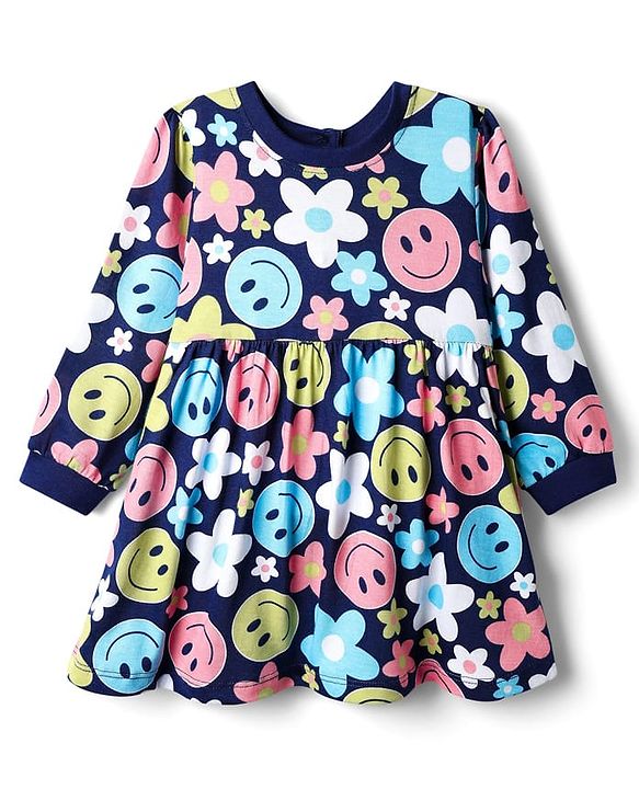 Babyhug Cotton Knit Full Sleeves Floral Printed Frock - Navy Blue